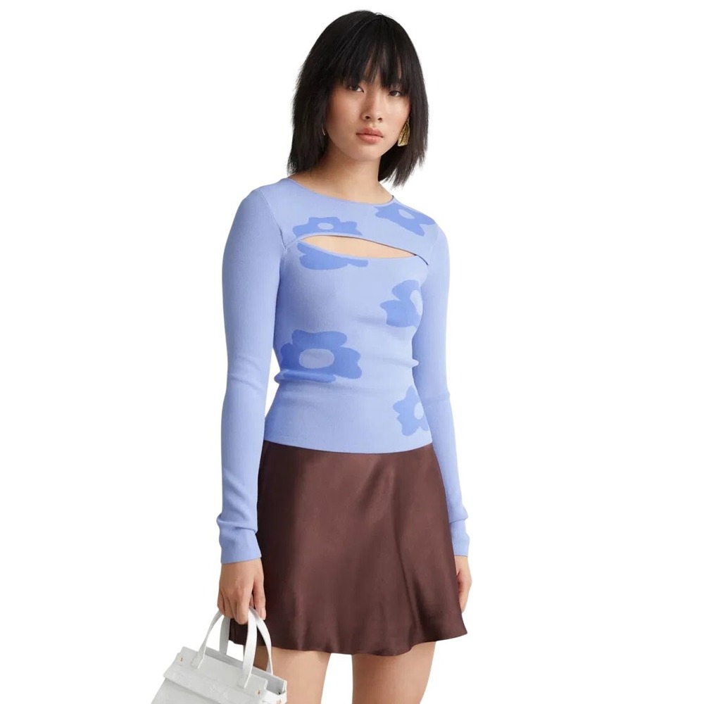 & Other Stories Floral Cutout Knit Top Blue Long Sleeve XS 0952670001713